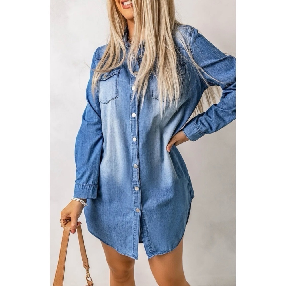 NWT Belinda chambray shirt dress pockets short mini cotton blue faded new Large